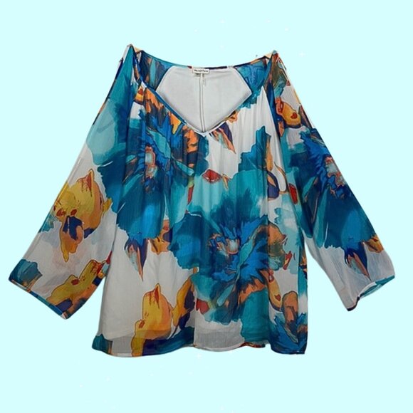 Sioni Blue Orange & White Cold Shoulder Long Sleeved Blouse Size XL - Picture 1 of 8
